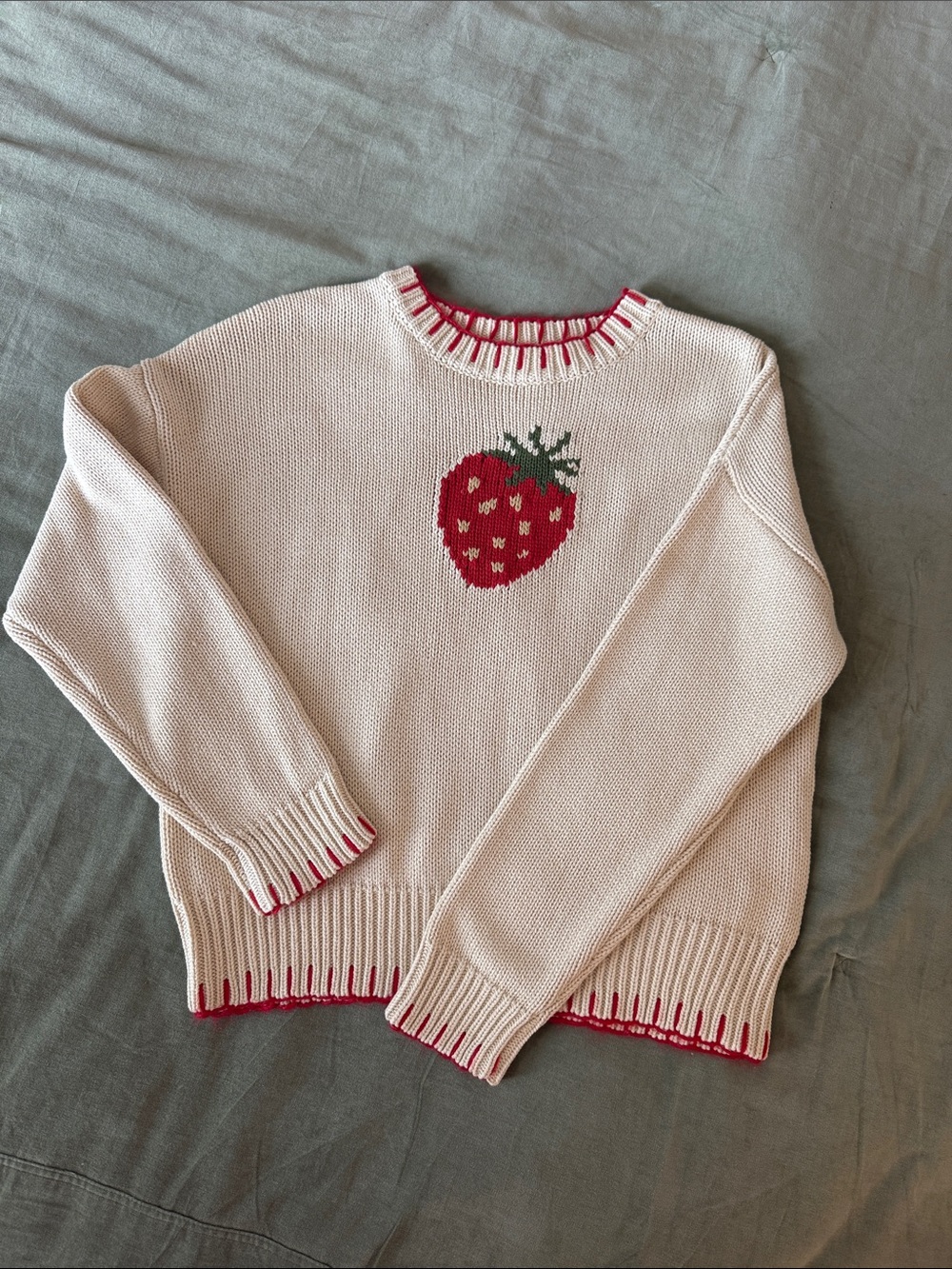 Gilli Cream Crewneck Sweater with Red Strawberry Motif